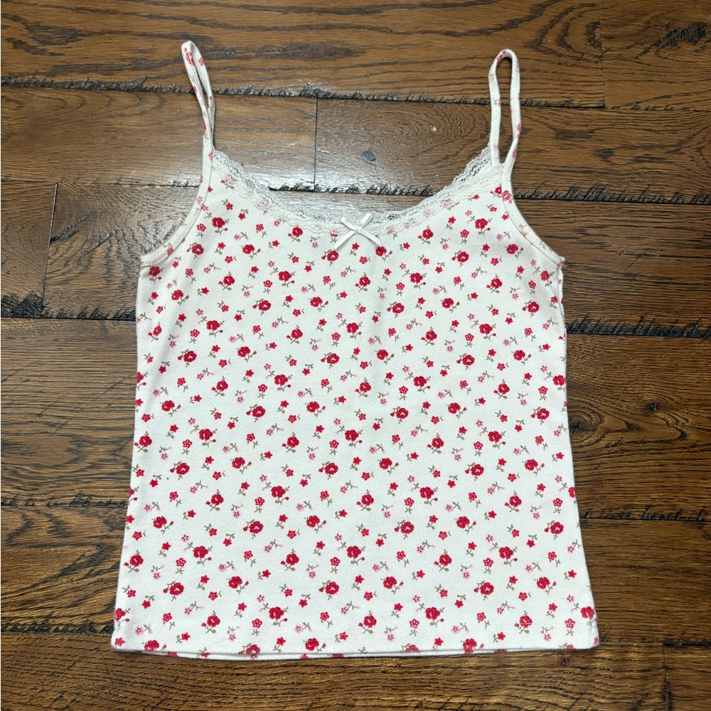 Brandy Melville Floral Lace Trim Camisole - White and Red